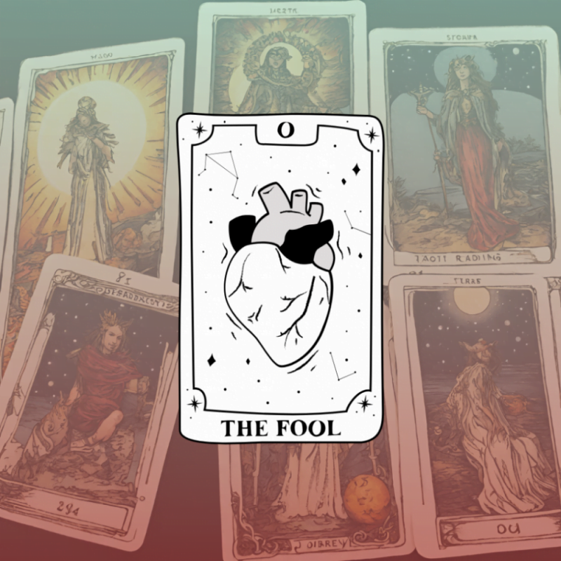 Tarot cards covered by pink-to-yellow gradient with Fool tarot card graphic, representing the Fool's Journey.
