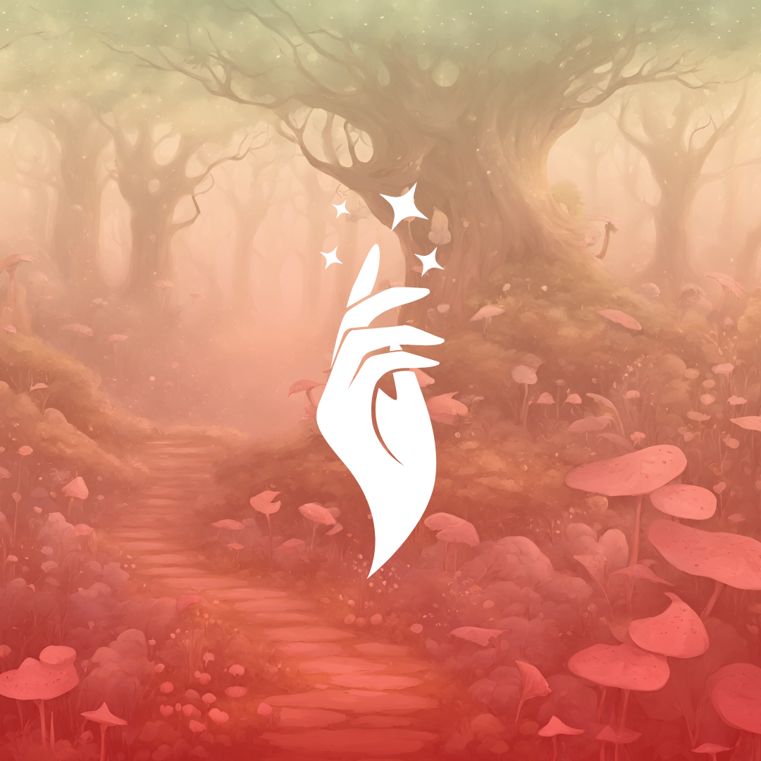 Enchanting fairy forest with gradient sky and mystical hand graphics, representing the magical essence of That Witchy Friend brand.