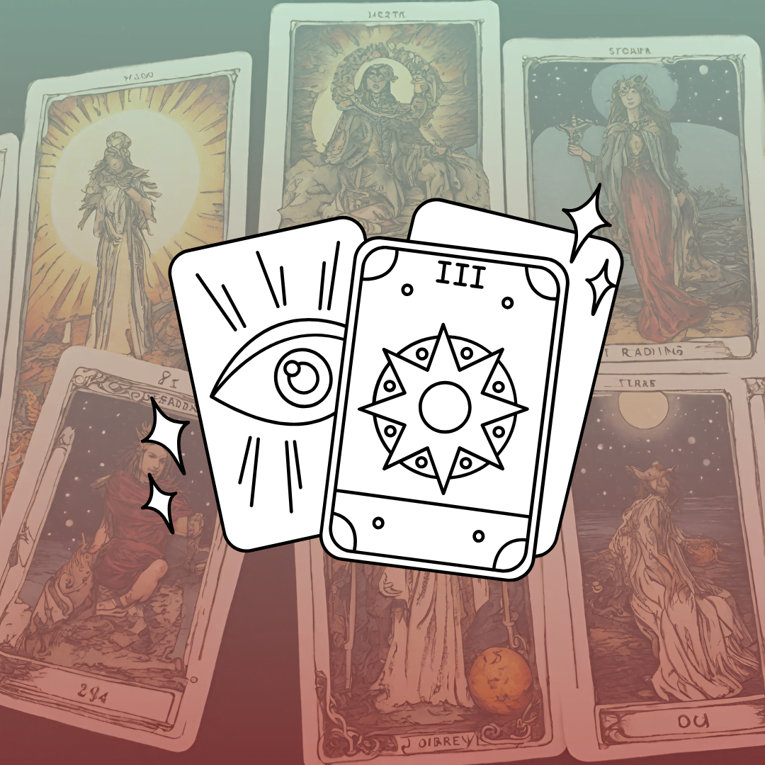 Tarot cards covered by pink-to-yellow gradient with cartoon bundle of tarot cards, representing the introductory journey into tarot symbolism.