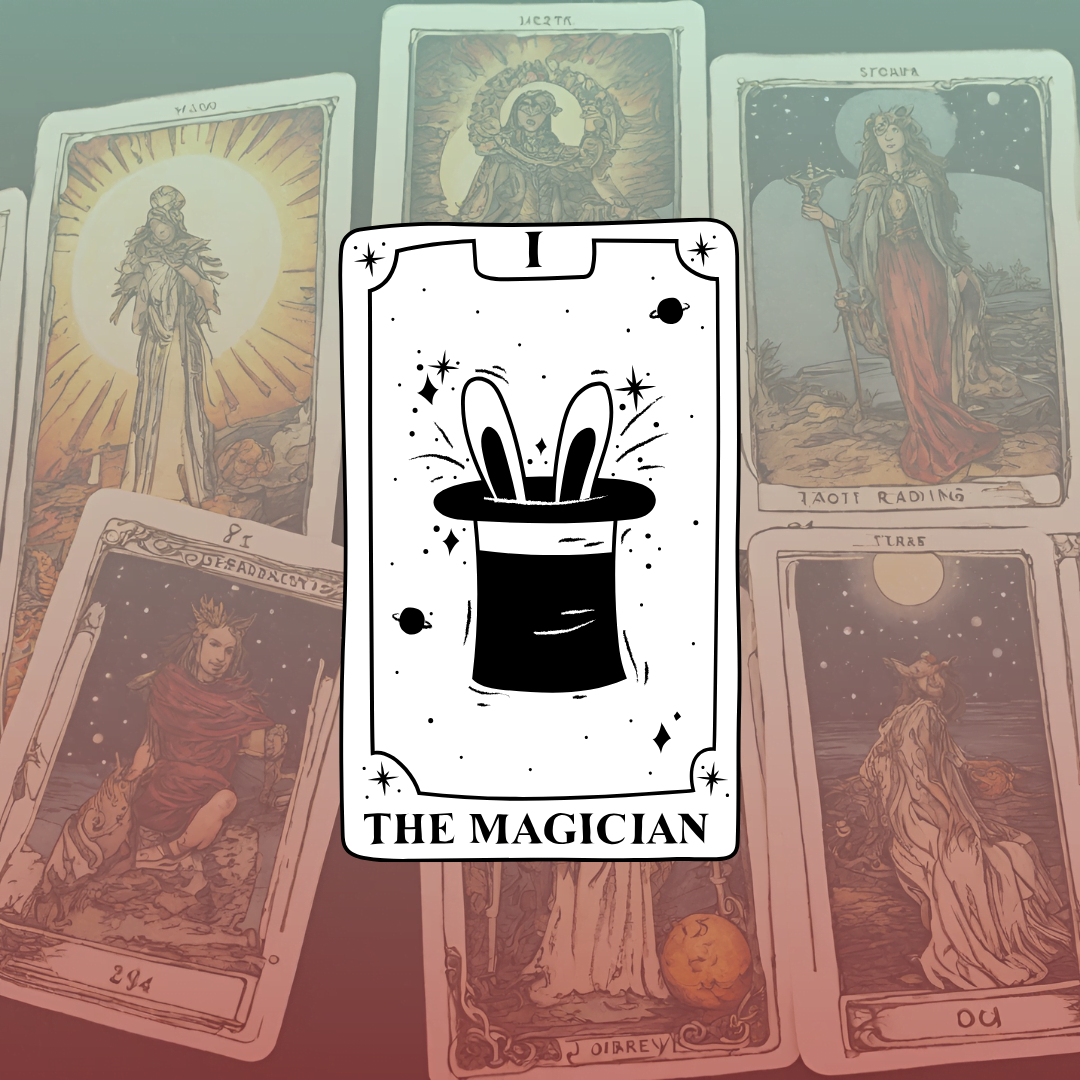 A pile of tarot cards with The Magician card in the middle.