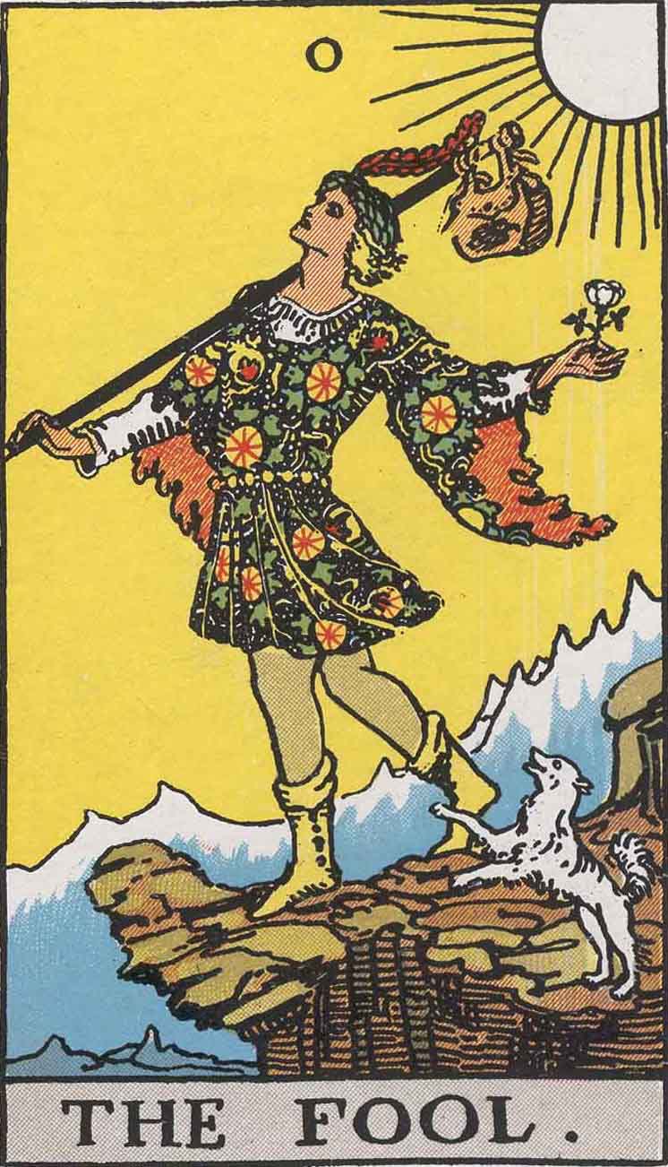 The Fool Tarot Card from the Rider-Waite Deck: A youthful figure stands at the edge of a cliff, holding a white rose and a small bag. A dog nips at his heels as he looks toward the sky, oblivious to the danger ahead.