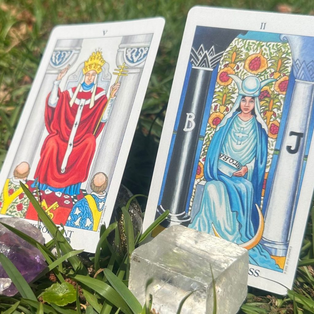 Rider-Waite-Smith Hierophant tarot card and High Priestess tarot card side-by-side