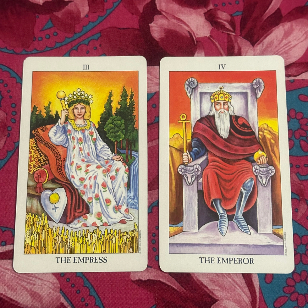 The Emperor tarot card and the Empress tarot card side-by-side comparison from Rider-Waite-Smith tarot deck.