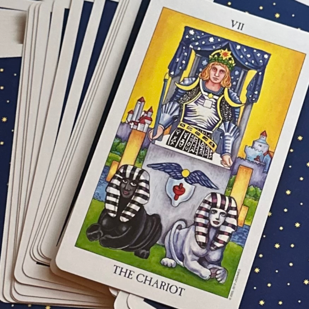 The Chariot tarot card as pictured in the Rider-Waite-Smith tarot deck