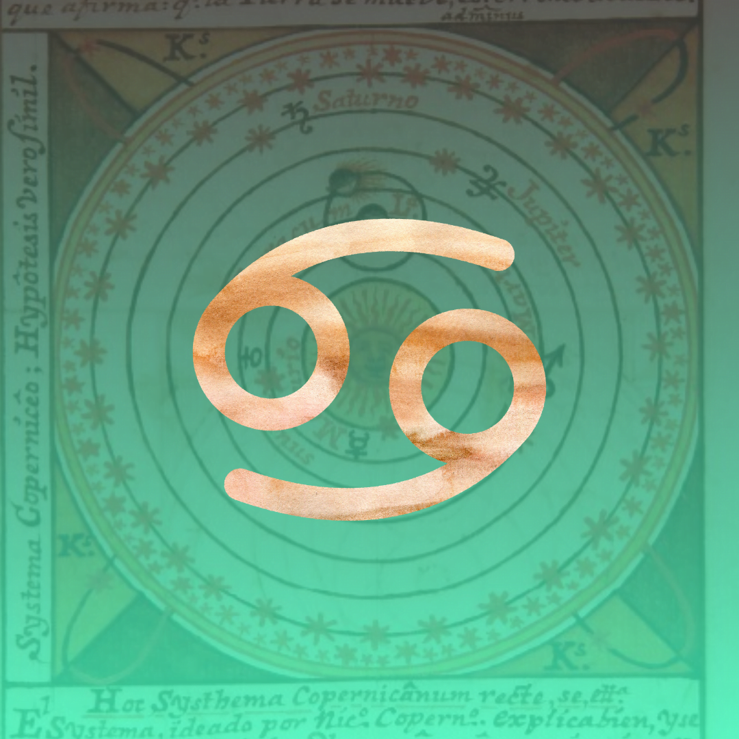 Golden cancer symbol on blue background with zodiac in the background