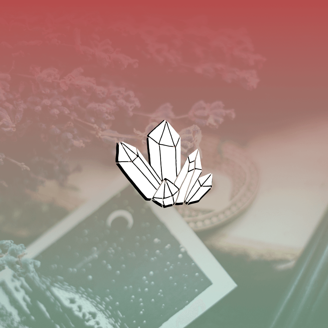 A crystal cluster graphic on a witchy background with a red-to-blue gradient overlay.