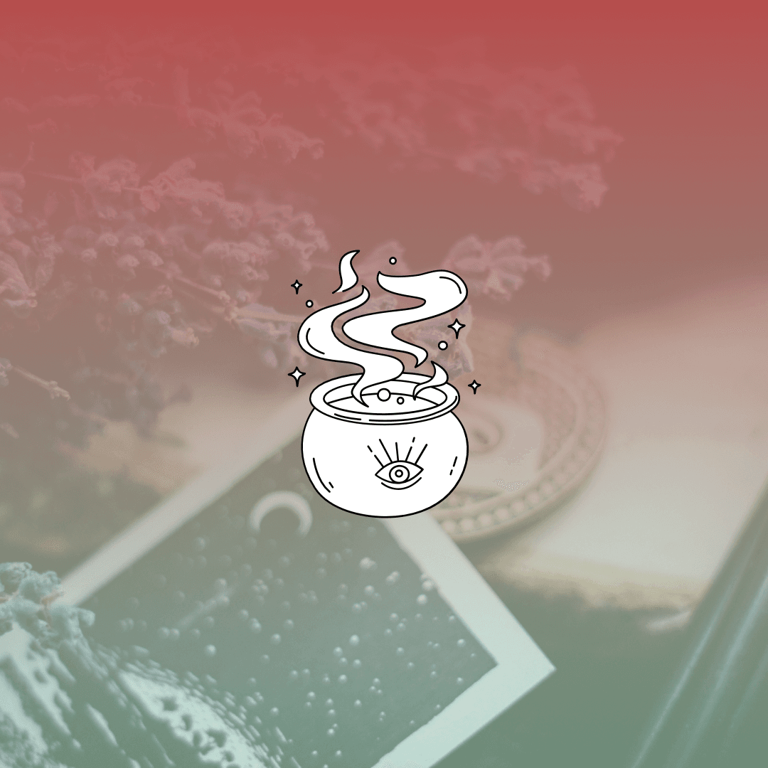 Witchcraft tools with a red-to-blue gradient overlay, and a cauldron graphic in the center.