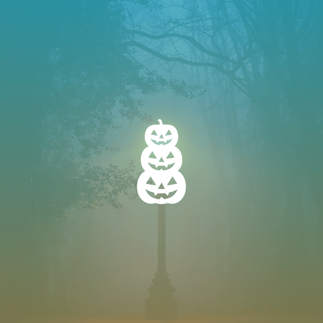 Three stacked jack o lanterns on a gradient background